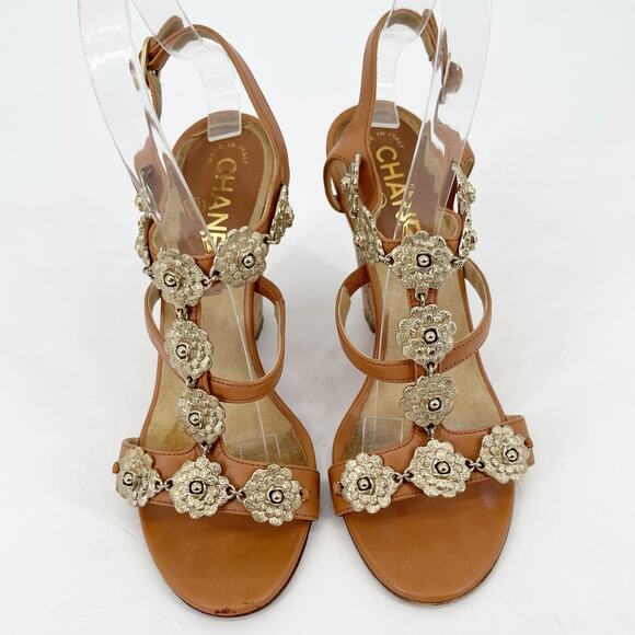 Chanel EU 37 2012 Cruise Tan Leather Camellia Flower T-Strap Cork Wedge Sandals - Picture 7 of 16